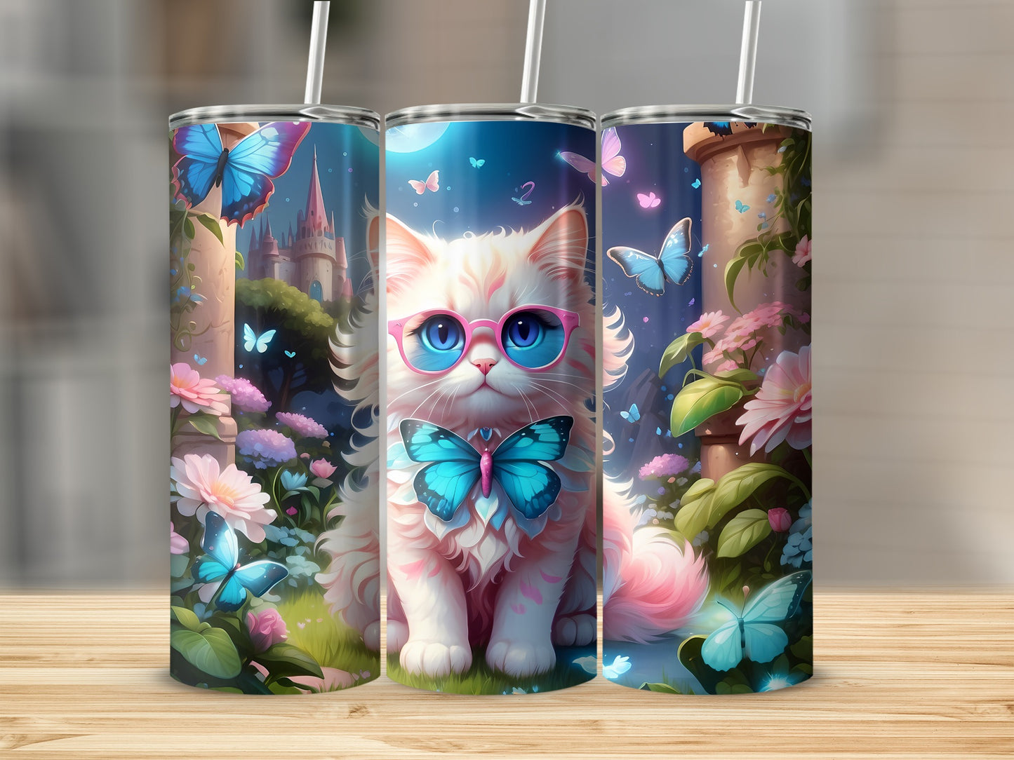 Fluffy white cat with pink glasses and blue butterfly bow, surrounded by butterflies.
