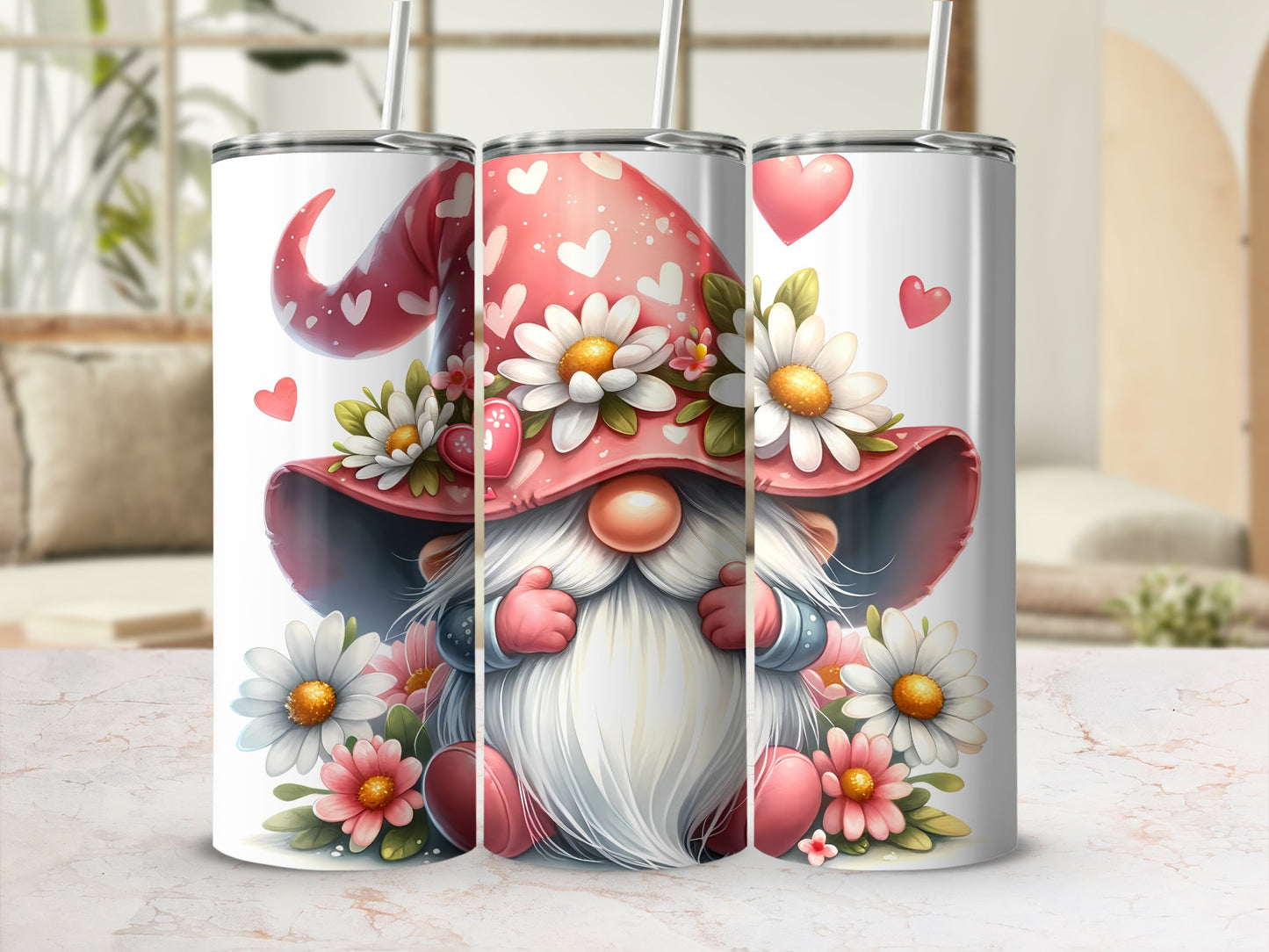 Three Valentine's Day themed tumblers featuring a gnome with hearts and flowers.