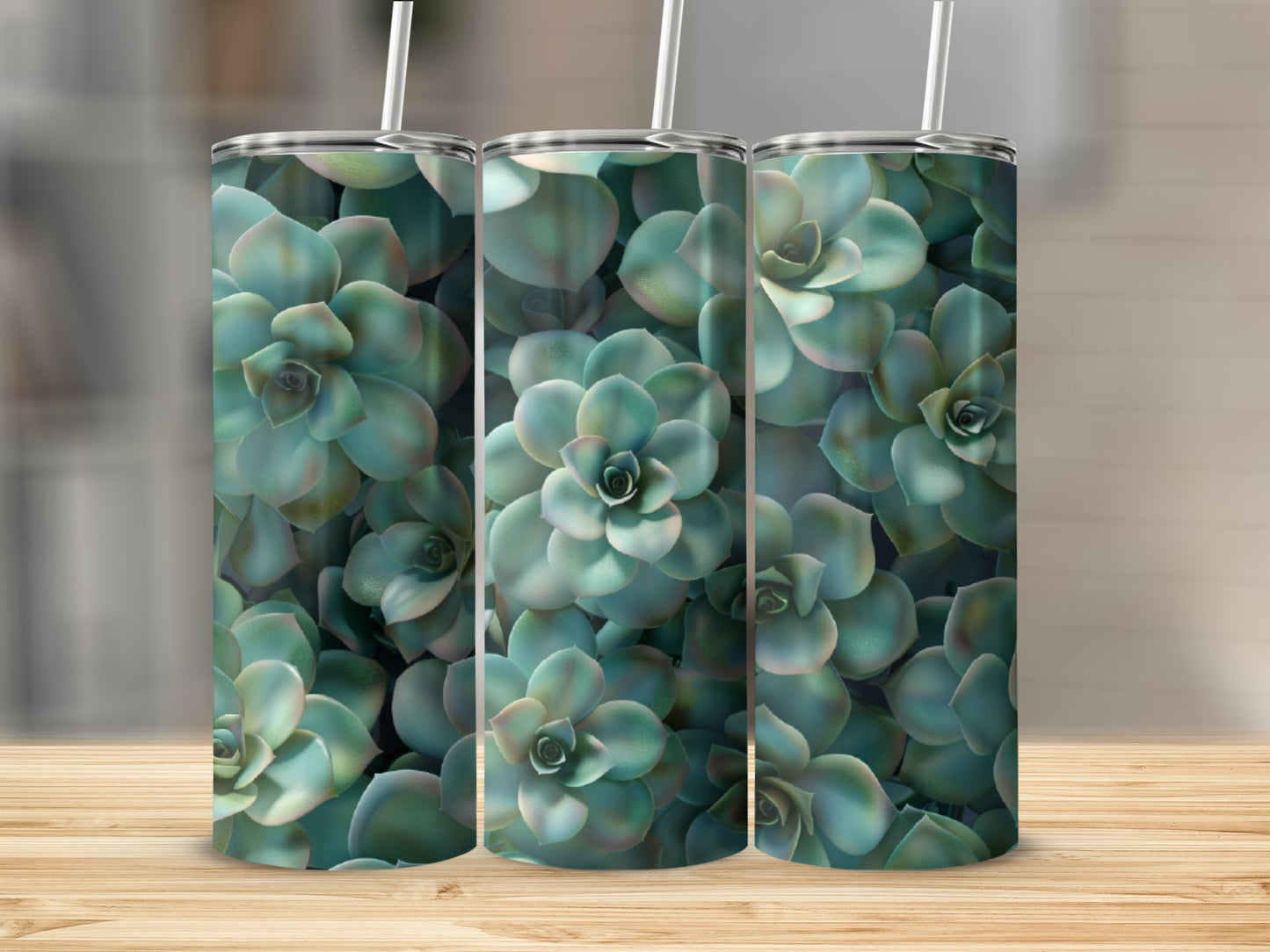 Three tumblers featuring a repeating pattern of light green succulent plants.
