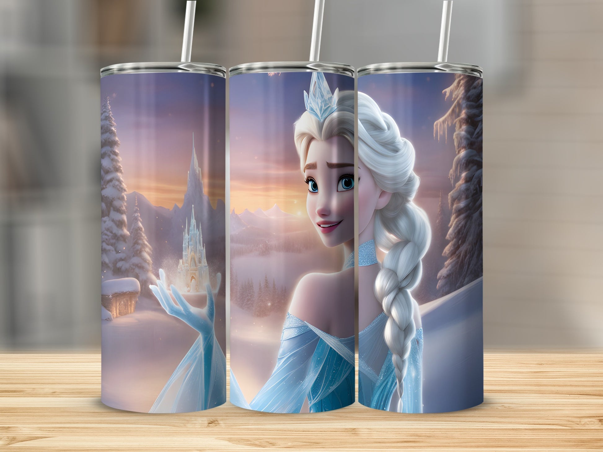Elsa from Frozen holding an ice castle with a snowy landscape background.
