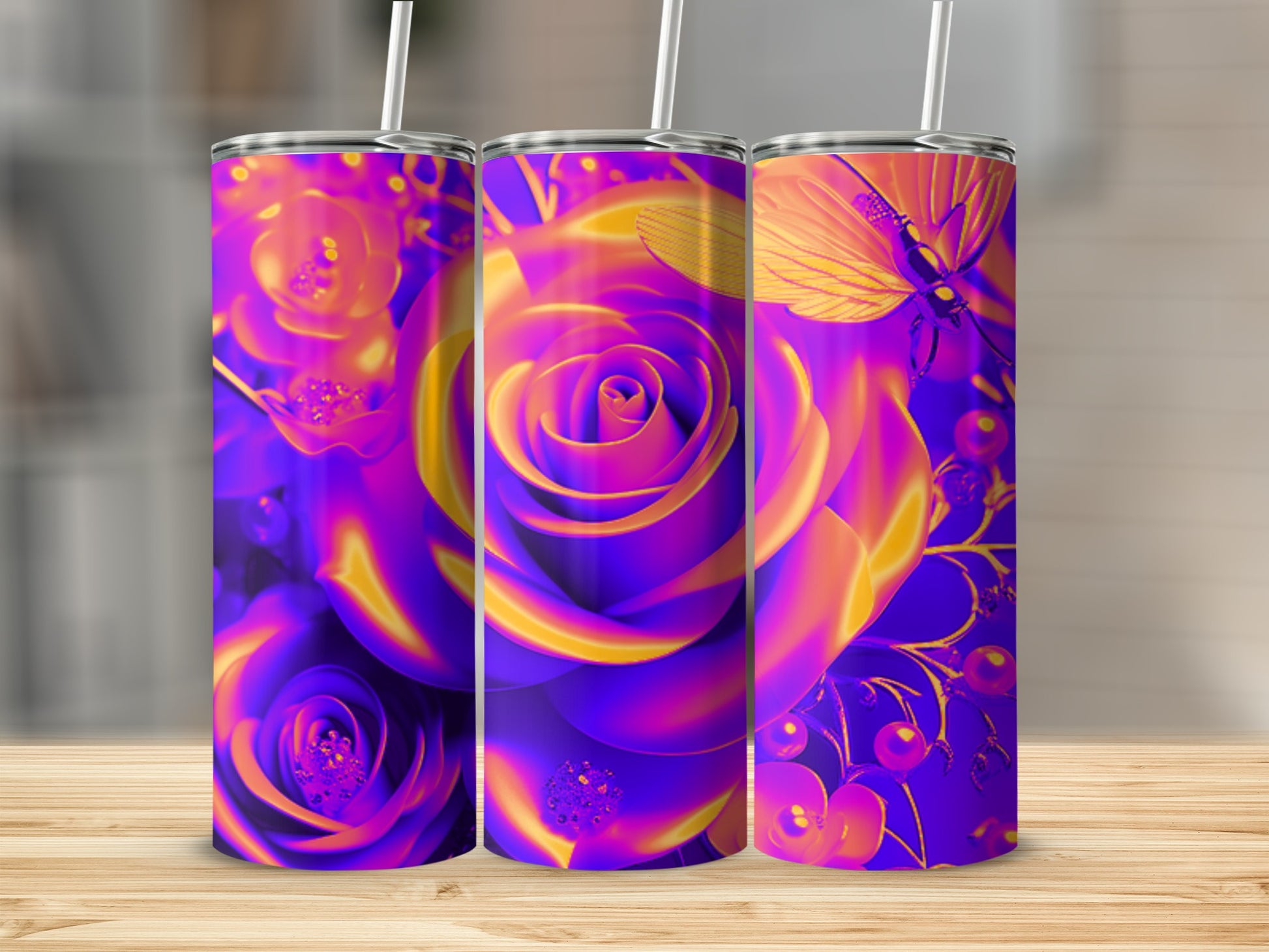 Three tumblers with iridescent rose and butterfly designs.