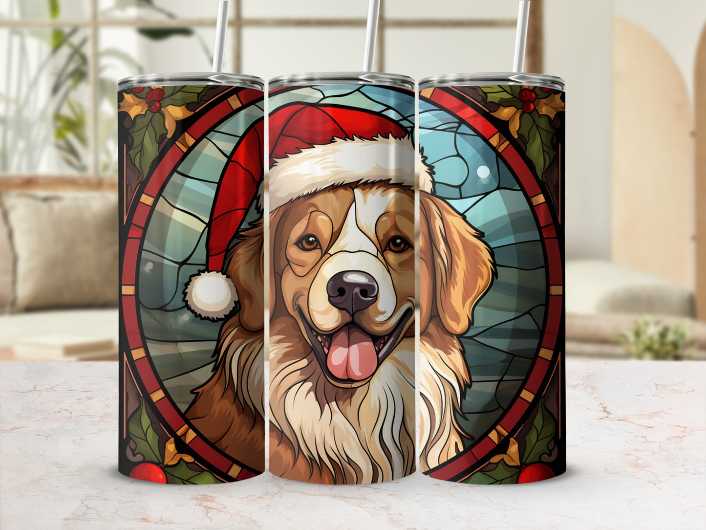 Christmas dog wearing Santa hat in stained glass design.