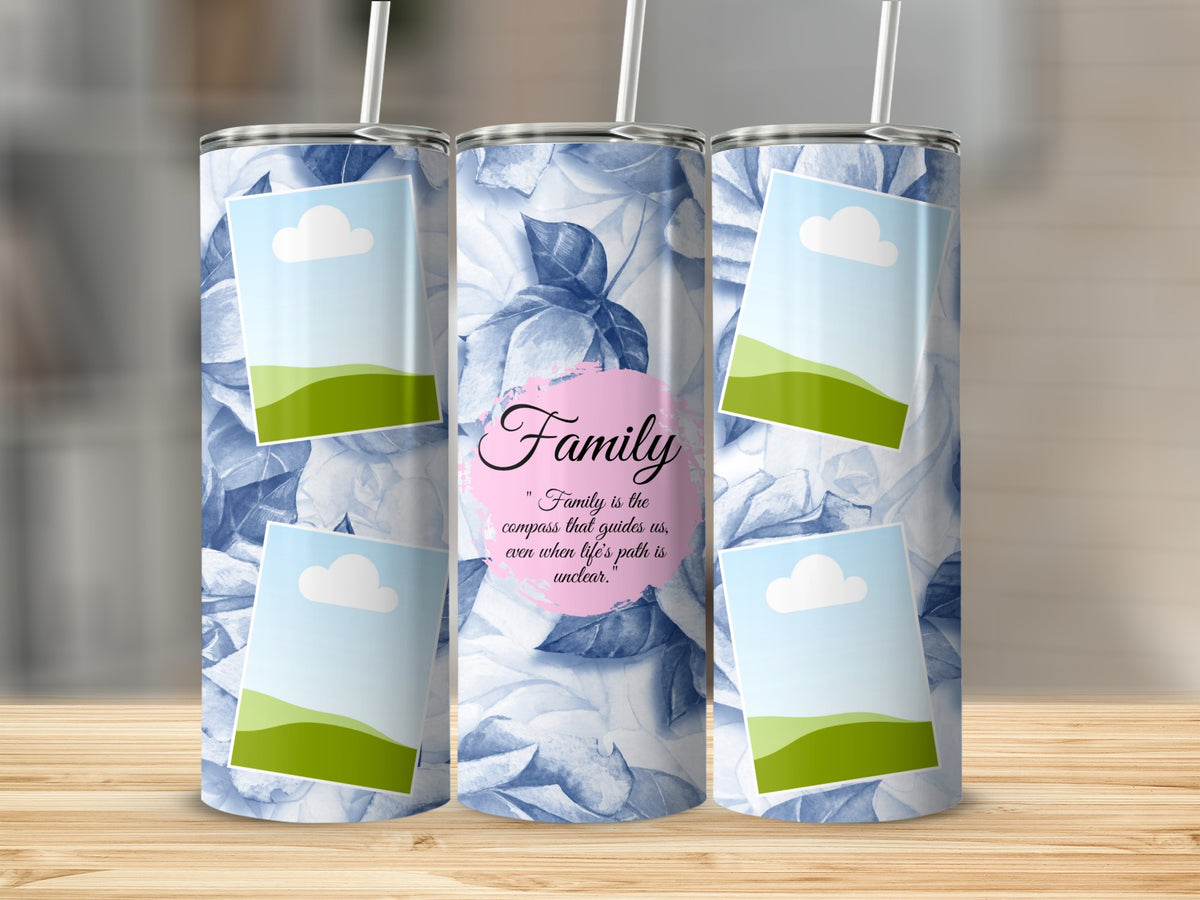 Three tumblers with floral pattern and framed landscape images, one reads "Family".