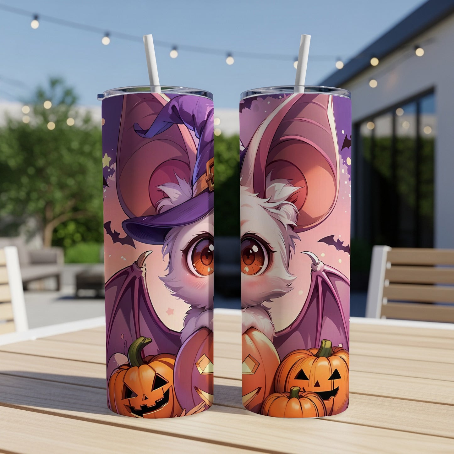 Halloween bat tumbler with witch hat and jack-o'-lanterns.