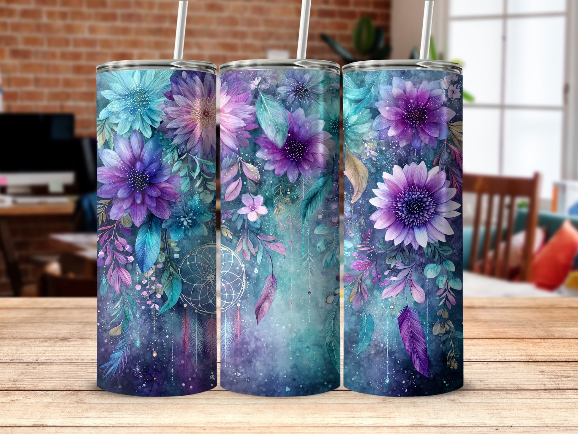 Purple Floral Patterned Dreamcatcher Tumbler Design