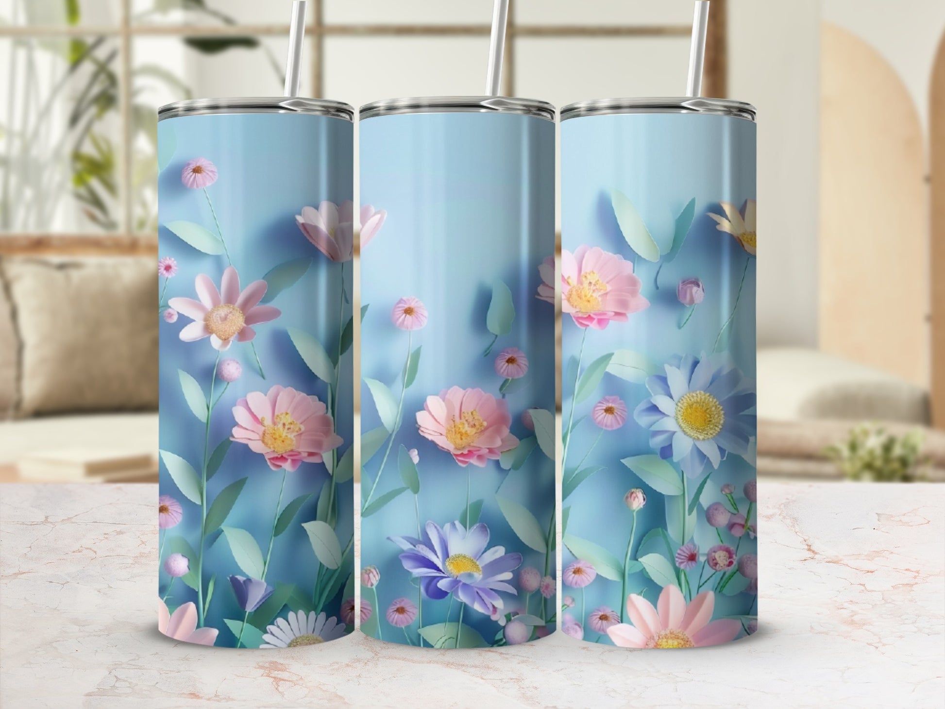 Light blue tumbler with pink and purple floral design.