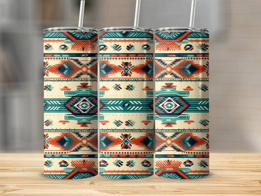 Three tumblers with a Navajo-inspired geometric pattern.