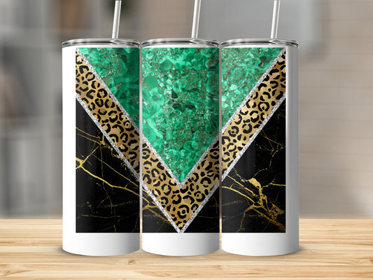 Three tumblers with green marble, leopard print, and black marble designs.
