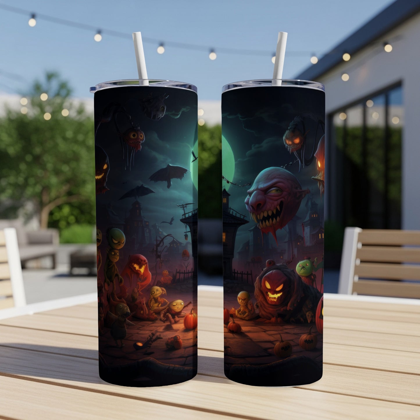 Two tumblers with a spooky Halloween monster scene featuring pumpkins and bats.