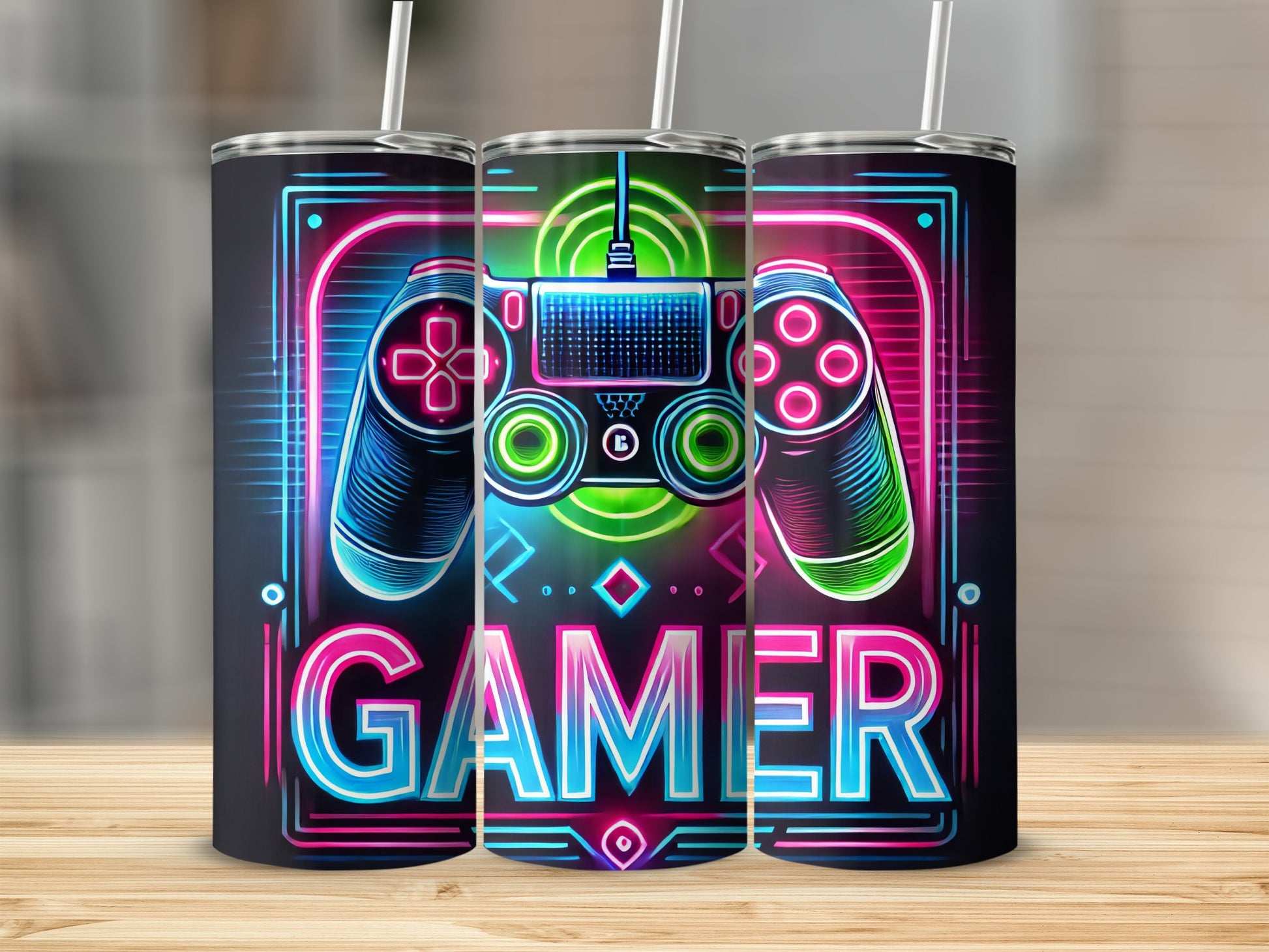 Neon "GAMER" text with a video game controller and glowing accents.