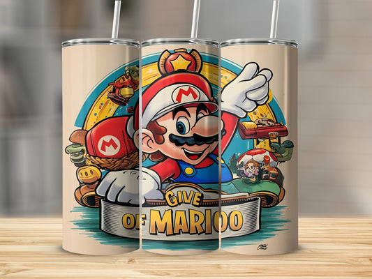 Mario reaching out from a video game scene, "Give of Mario" text.