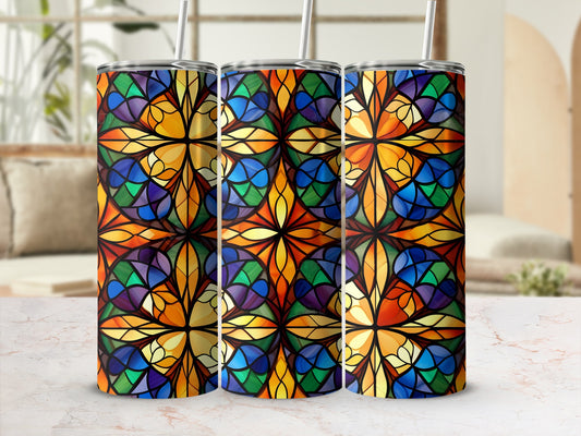 Three tumblers with stained-glass window pattern in colorful geometric design.