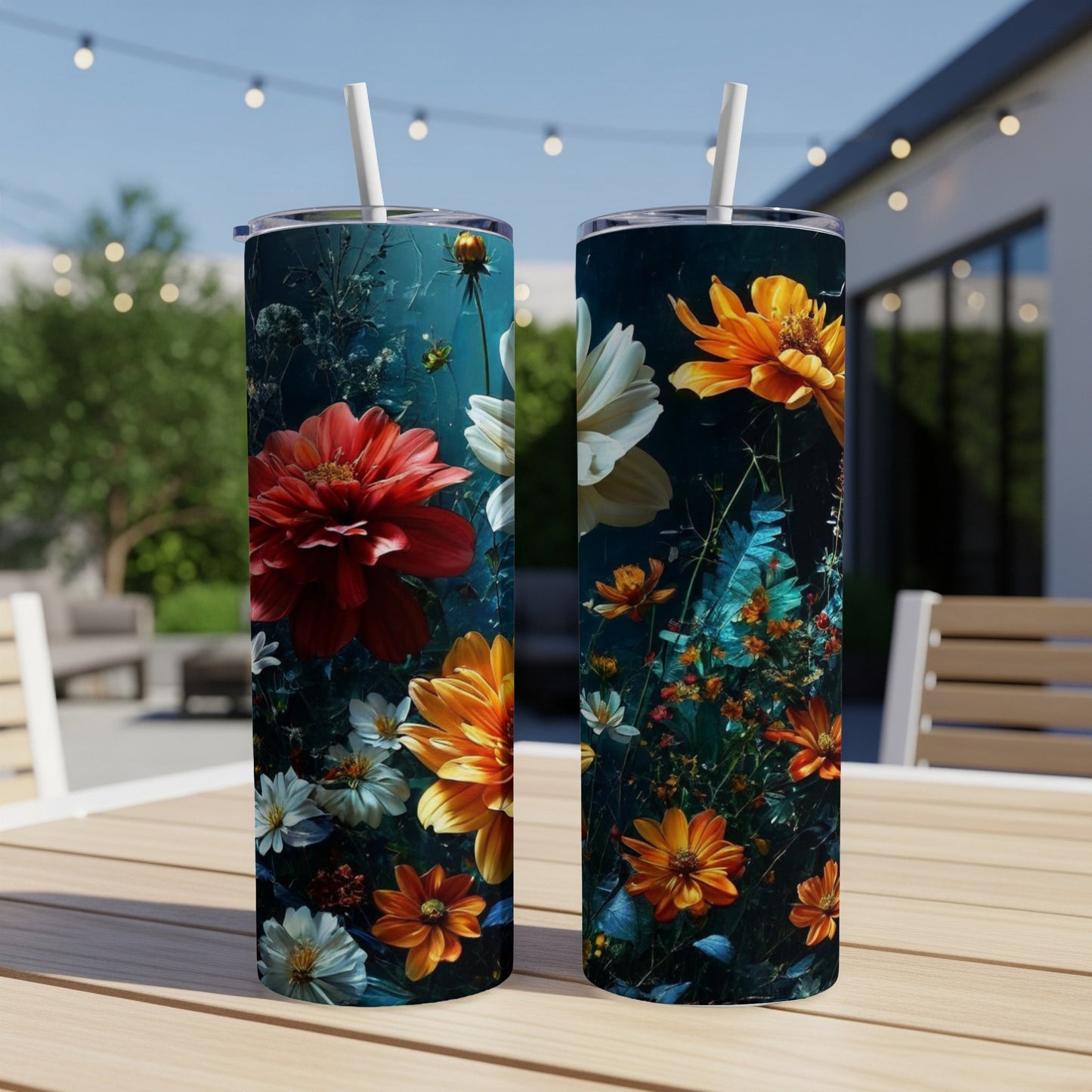 Two tumblers with a dark floral pattern featuring red, orange, and white flowers.