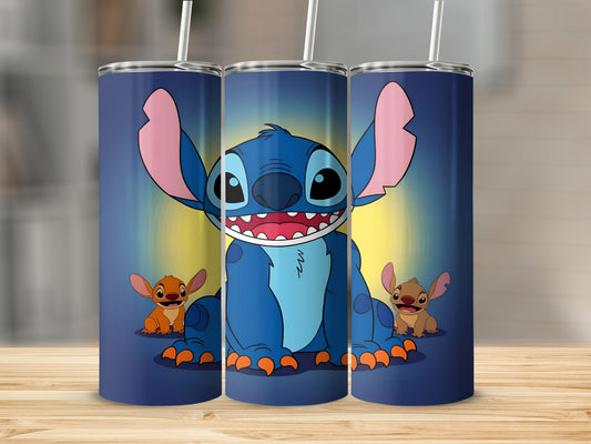 Stitch character with two smaller versions on a dark blue background with yellow glow.