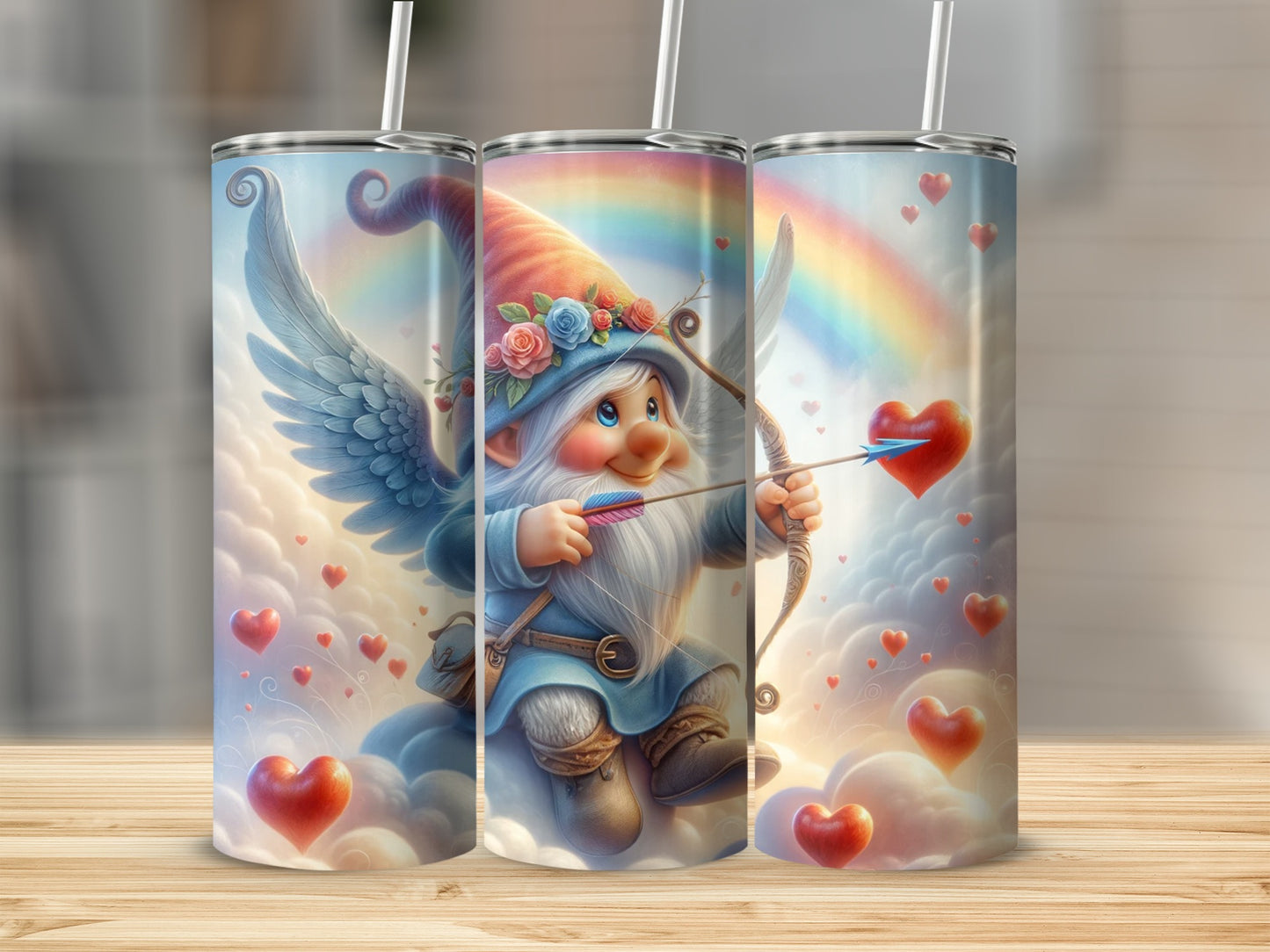 Adorable Cupid Gnome with Hearts Rainbow Tumbler