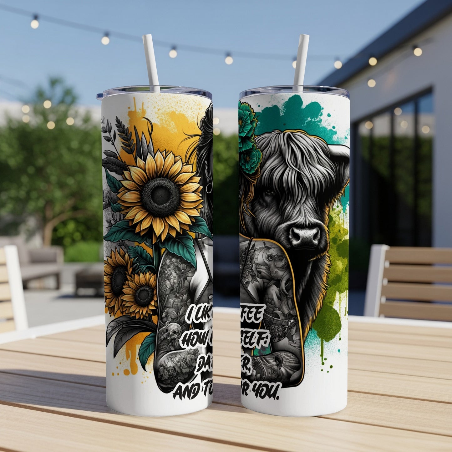 Two tumblers with sunflowers, a cow portrait, and empowering text.
