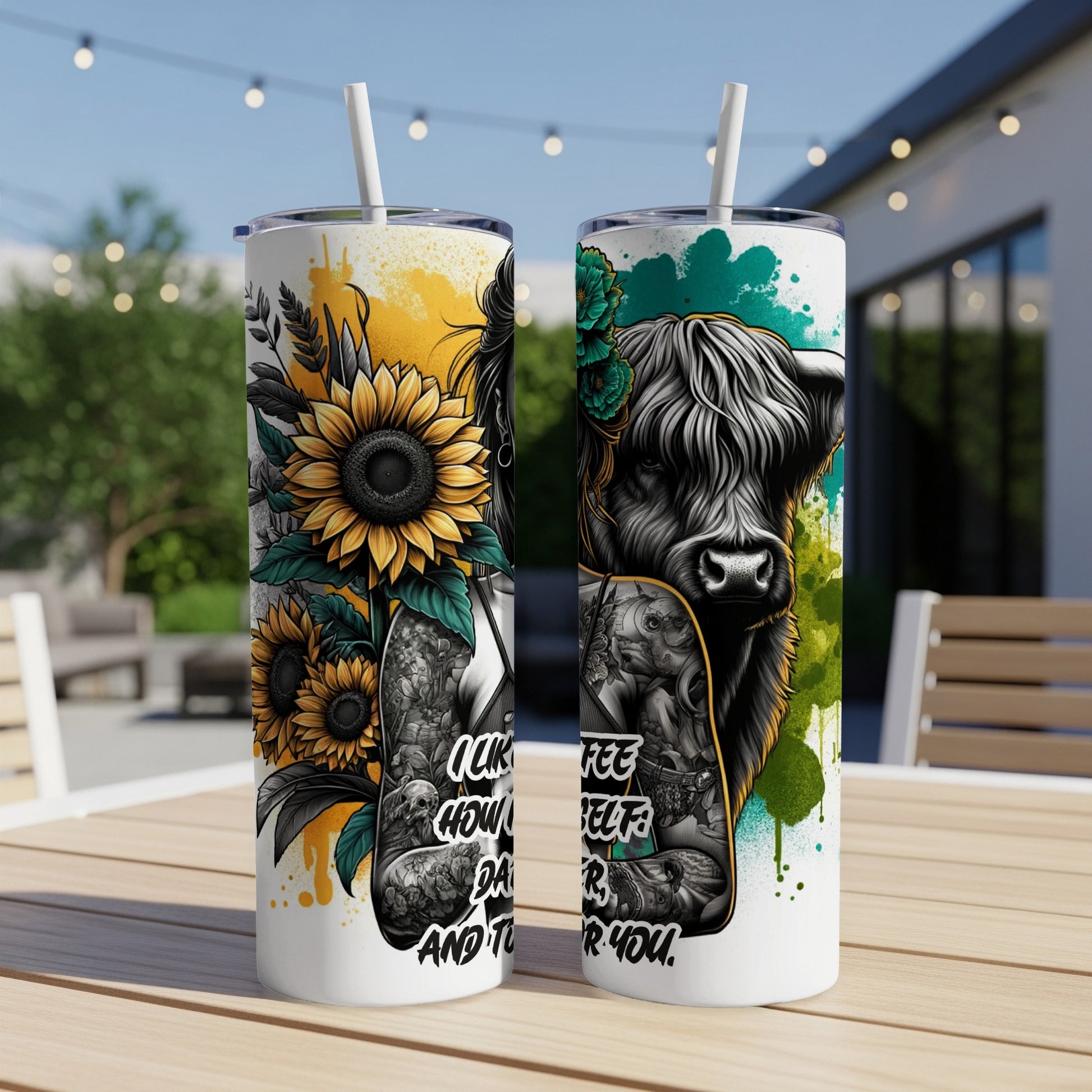 Two tumblers with sunflowers, a cow portrait, and empowering text.