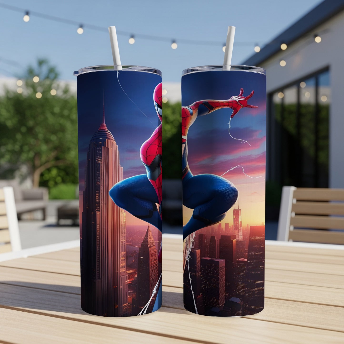 Spiderman in action against a cityscape backdrop on a tumbler.