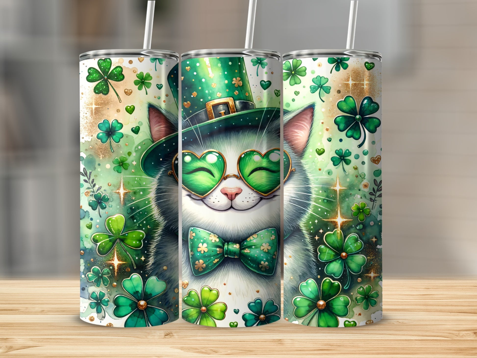 St. Patrick's Day cat wearing green hat and bowtie, surrounded by shamrocks.