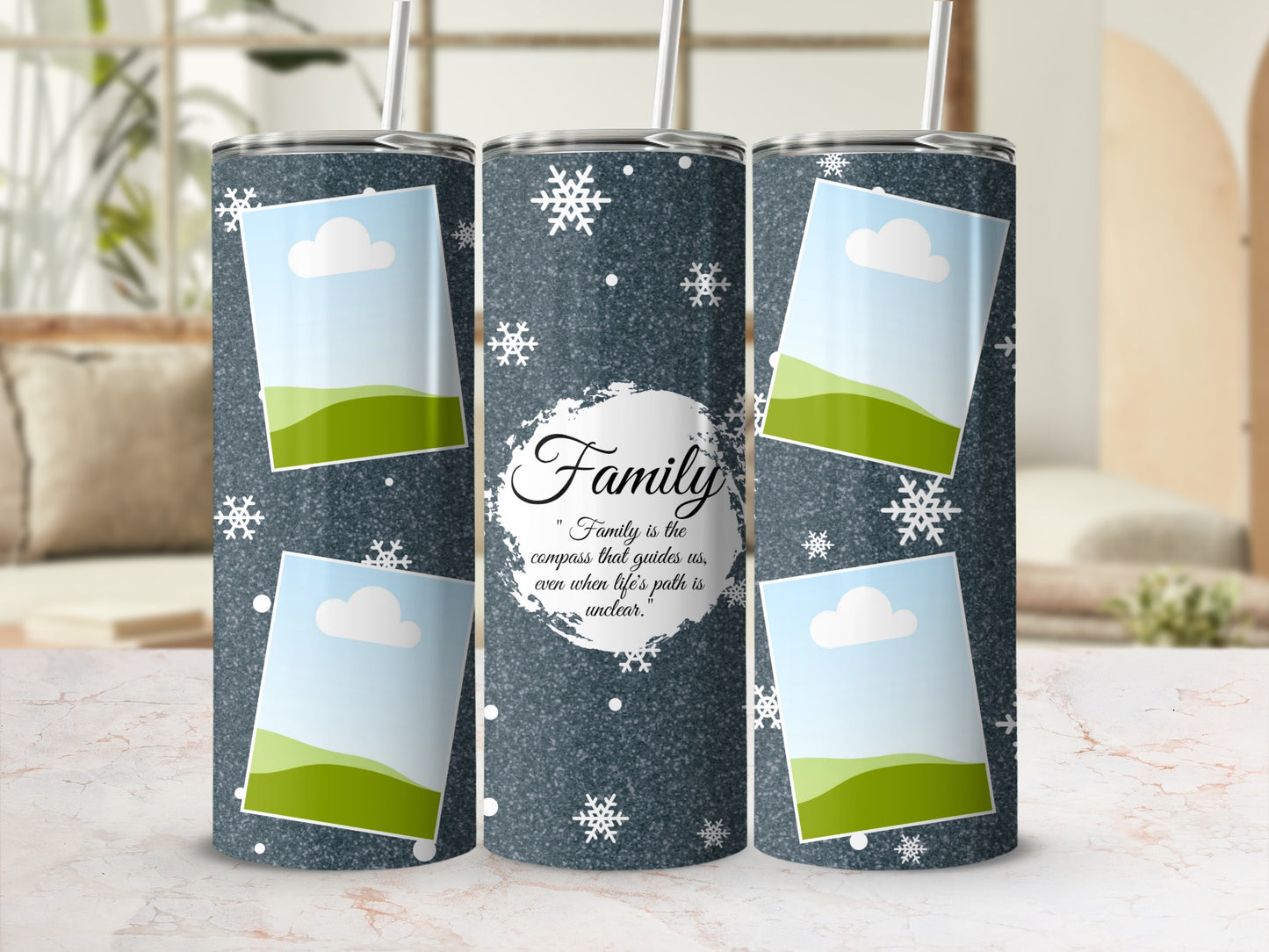 Three tumblers with snowflakes and photo frames, one reading "Family is the compass."