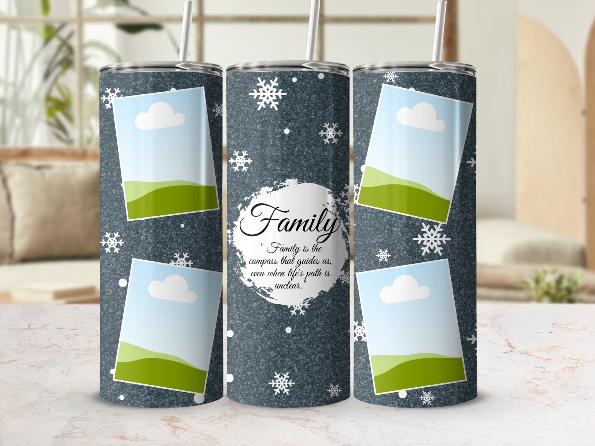 Three tumblers with snowflakes and photo frames, one reading "Family is the compass."