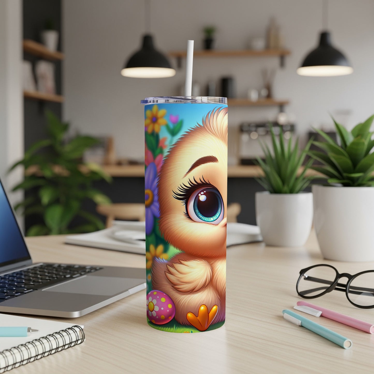 Cute chick with big blue eyes and Easter egg on a floral background.