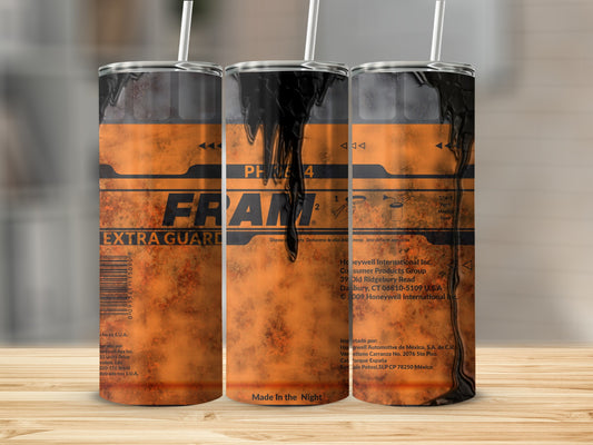 Orange and black insulated tumbler with "FRAM EXTRA GUARD" and hazard symbols.