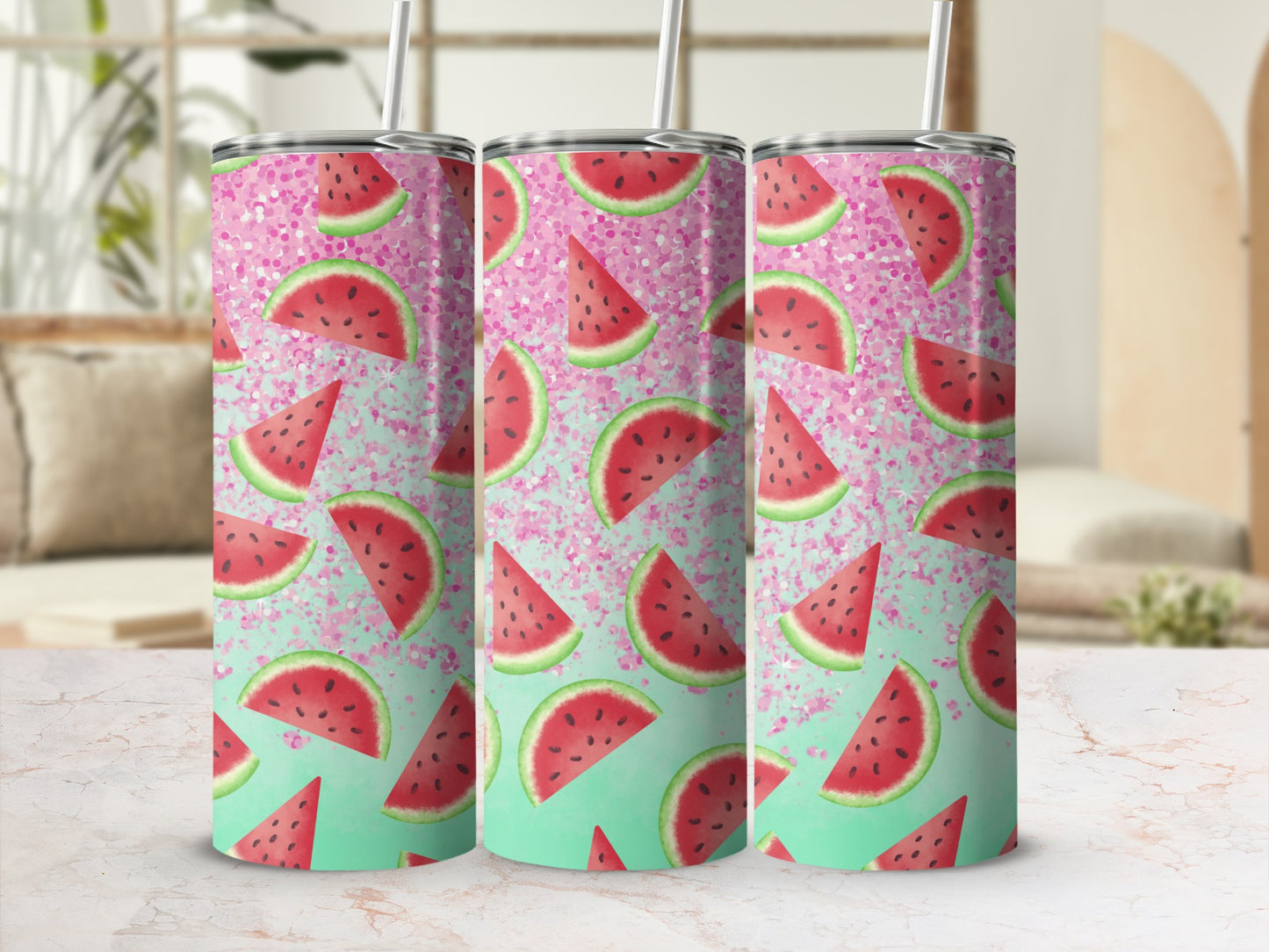 Three tumblers with watermelon slices and glitter pattern.