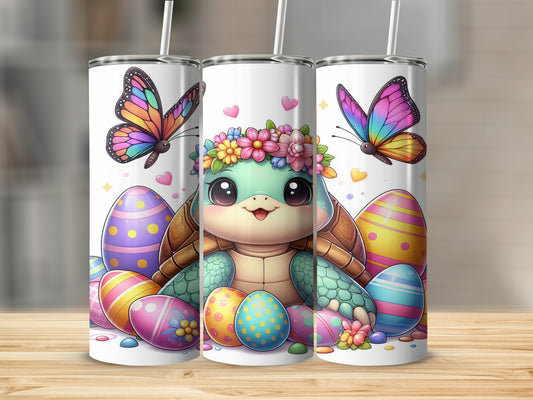 Cute turtle with butterflies and Easter eggs, decorated with flowers.
