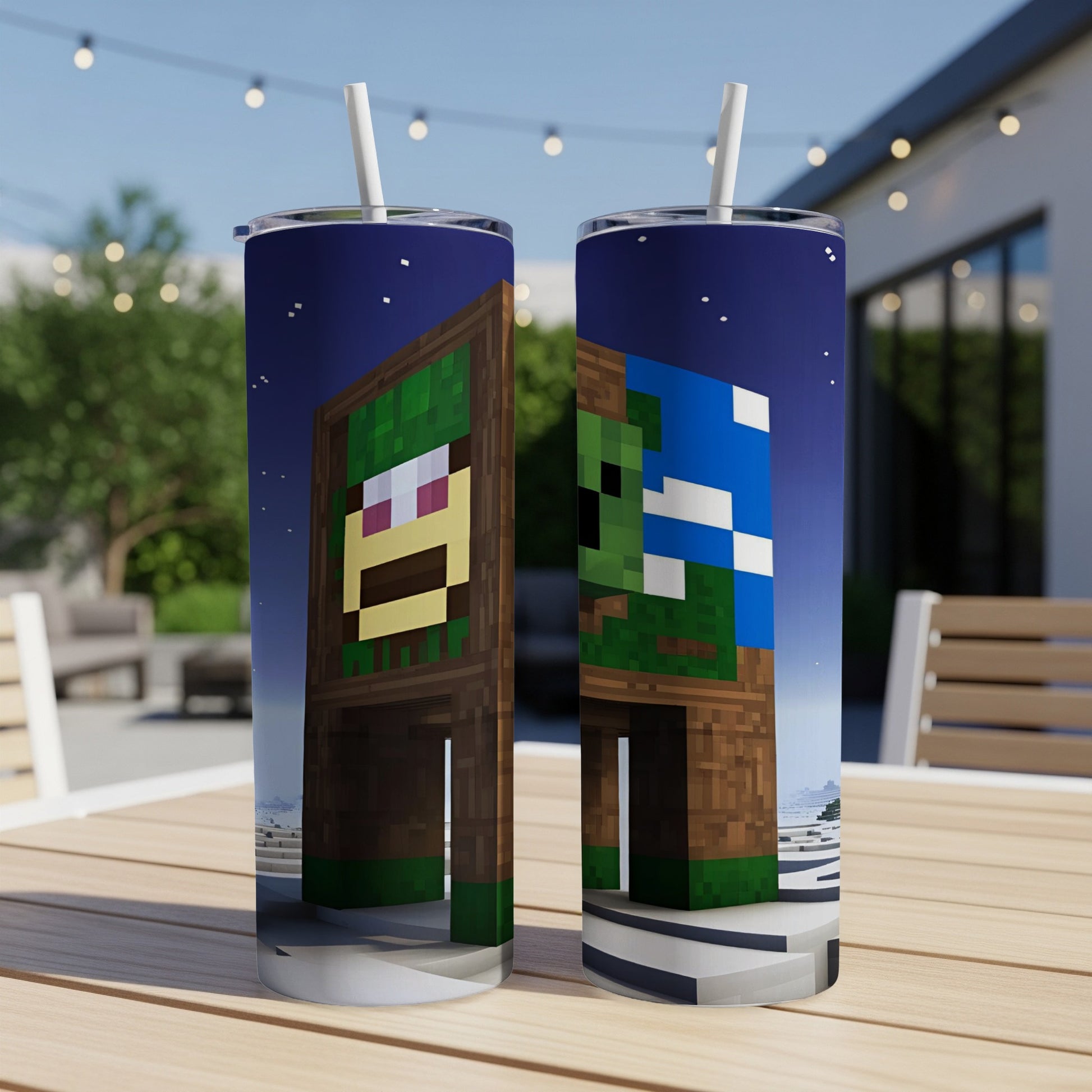 Minecraft character tumbler with two pixelated characters on dark blue starry sky.