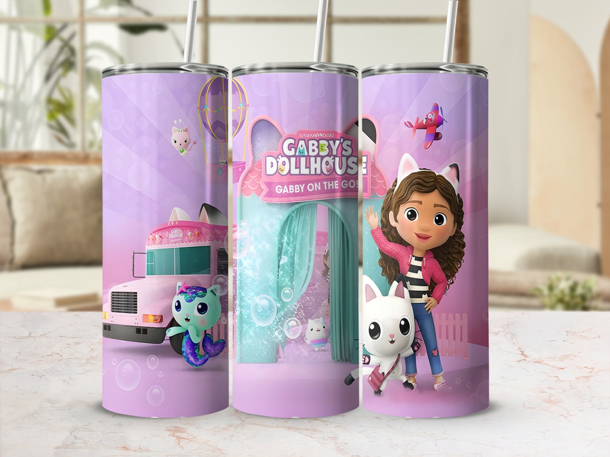 Gabby's Dollhouse tumbler with Gabby, Pandy Paws, and MerCat.