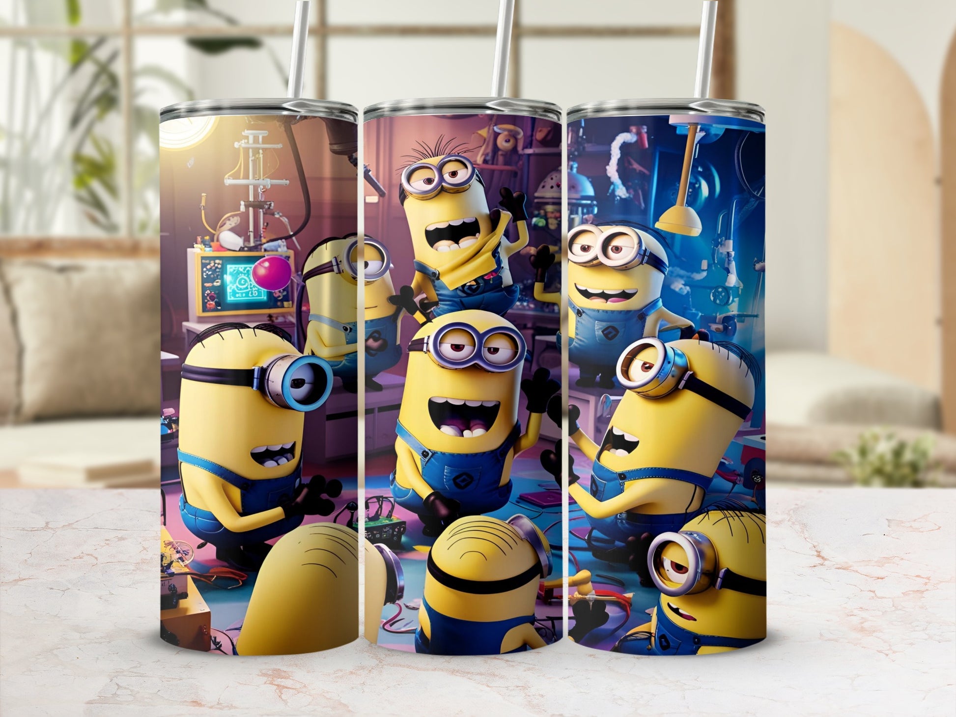 Minions in overalls working together in a workshop on a tumbler.