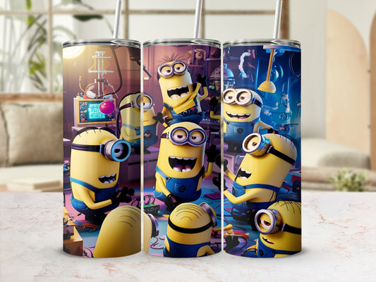 Minions in overalls working together in a workshop on a tumbler.