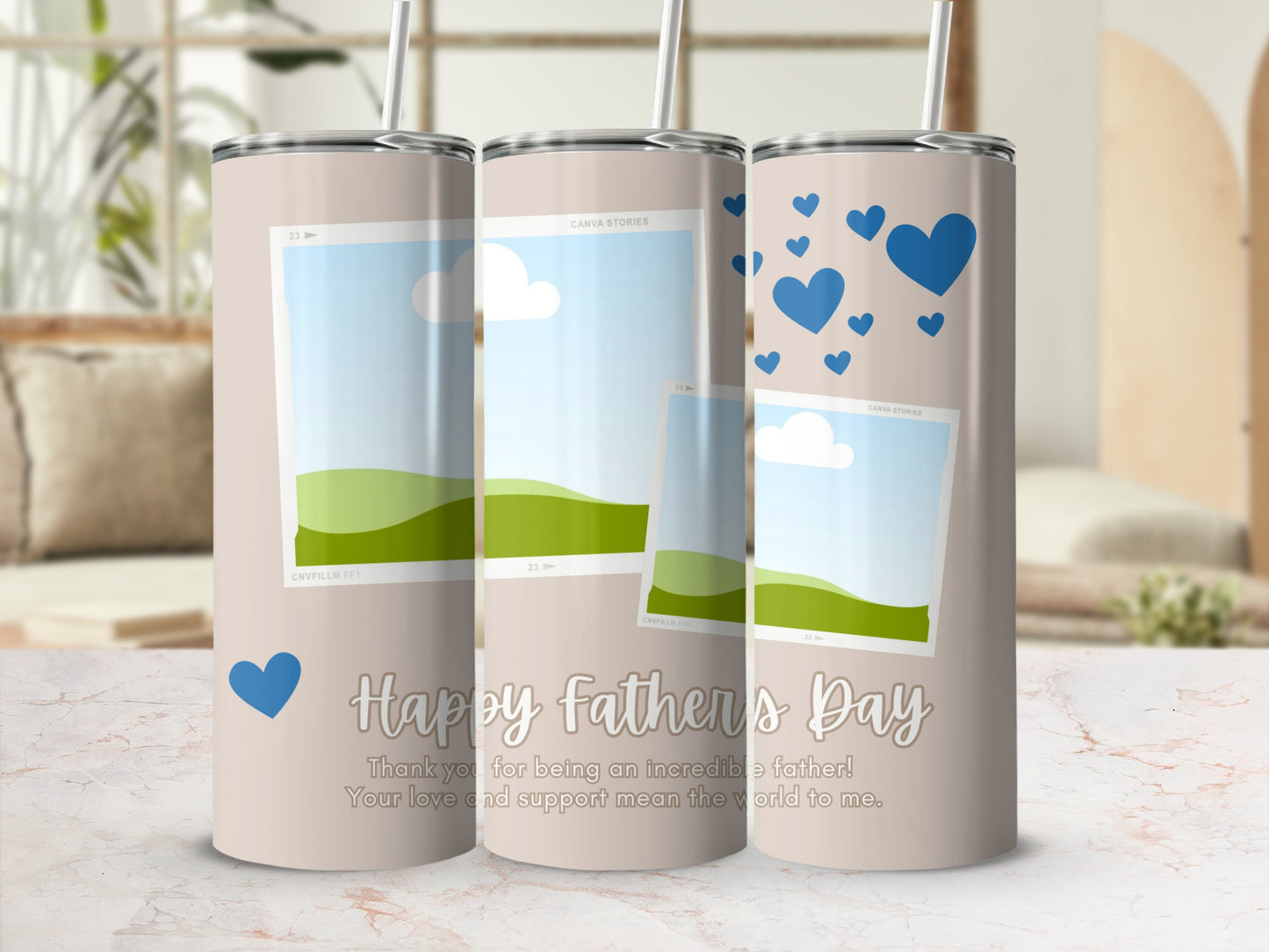 Father's Day tumbler with hearts and "Happy Father's Day" text.