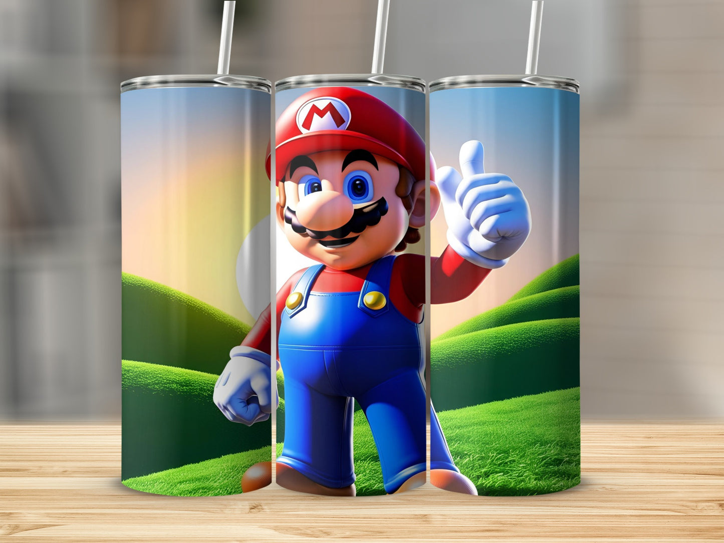 Mario giving a thumbs up in front of a green, hilly background.