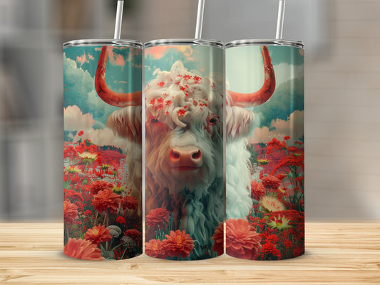 White Highland cow with red horns and flowers in a field.