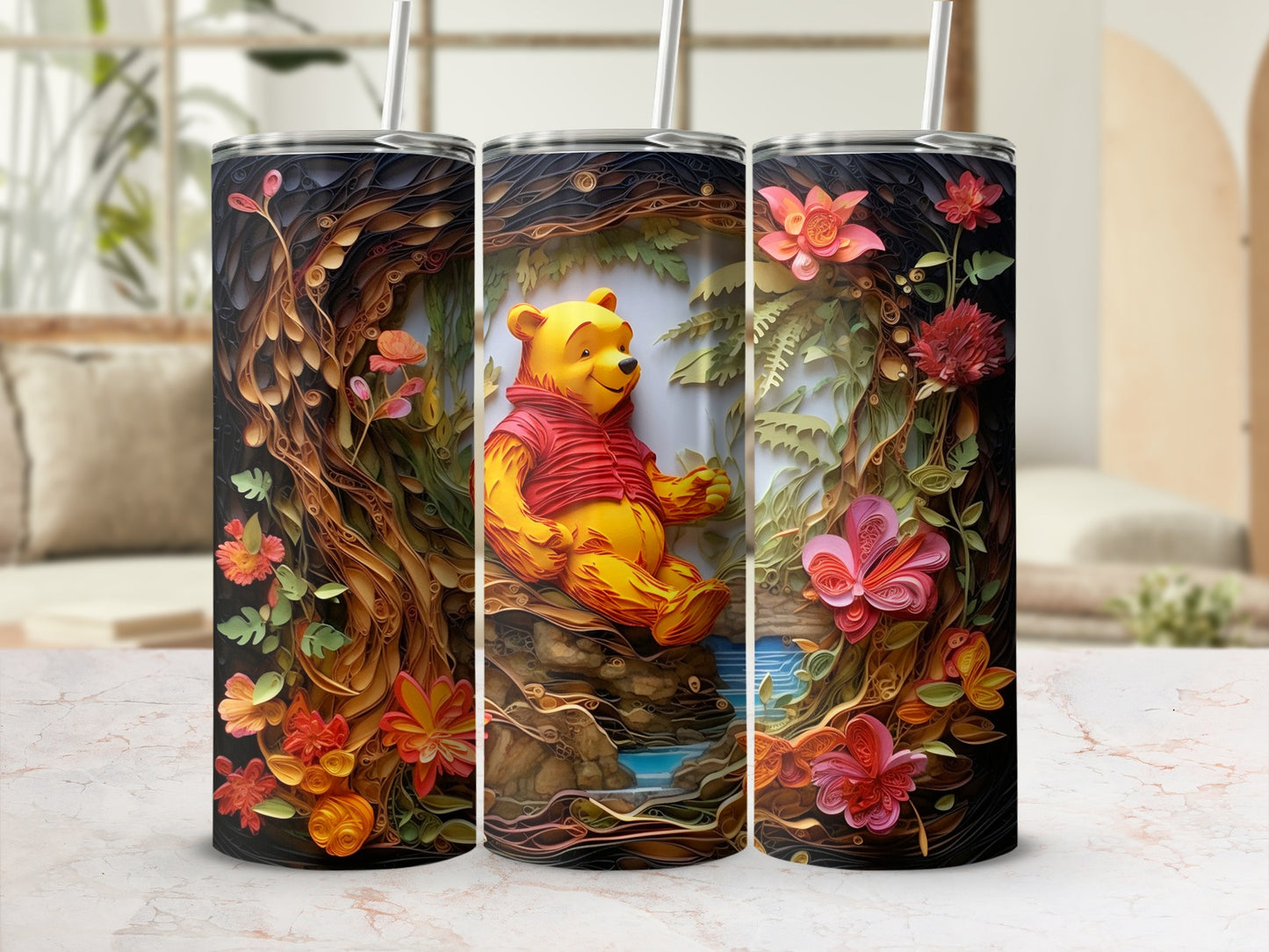 Vibrant Floral and Winnie the Pooh Design Tumbler