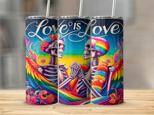 Rainbow-themed tumblers with skeletons holding hands and "Love is Love" text.