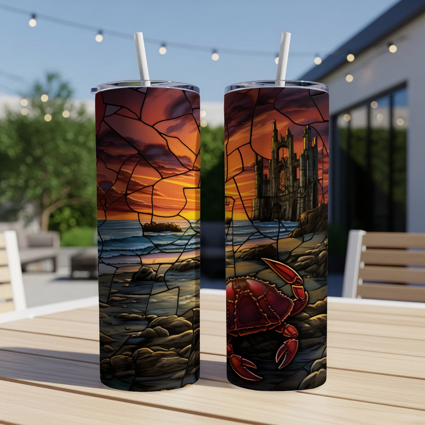 Two tumblers with a stained-glass crab and castle sunset design.