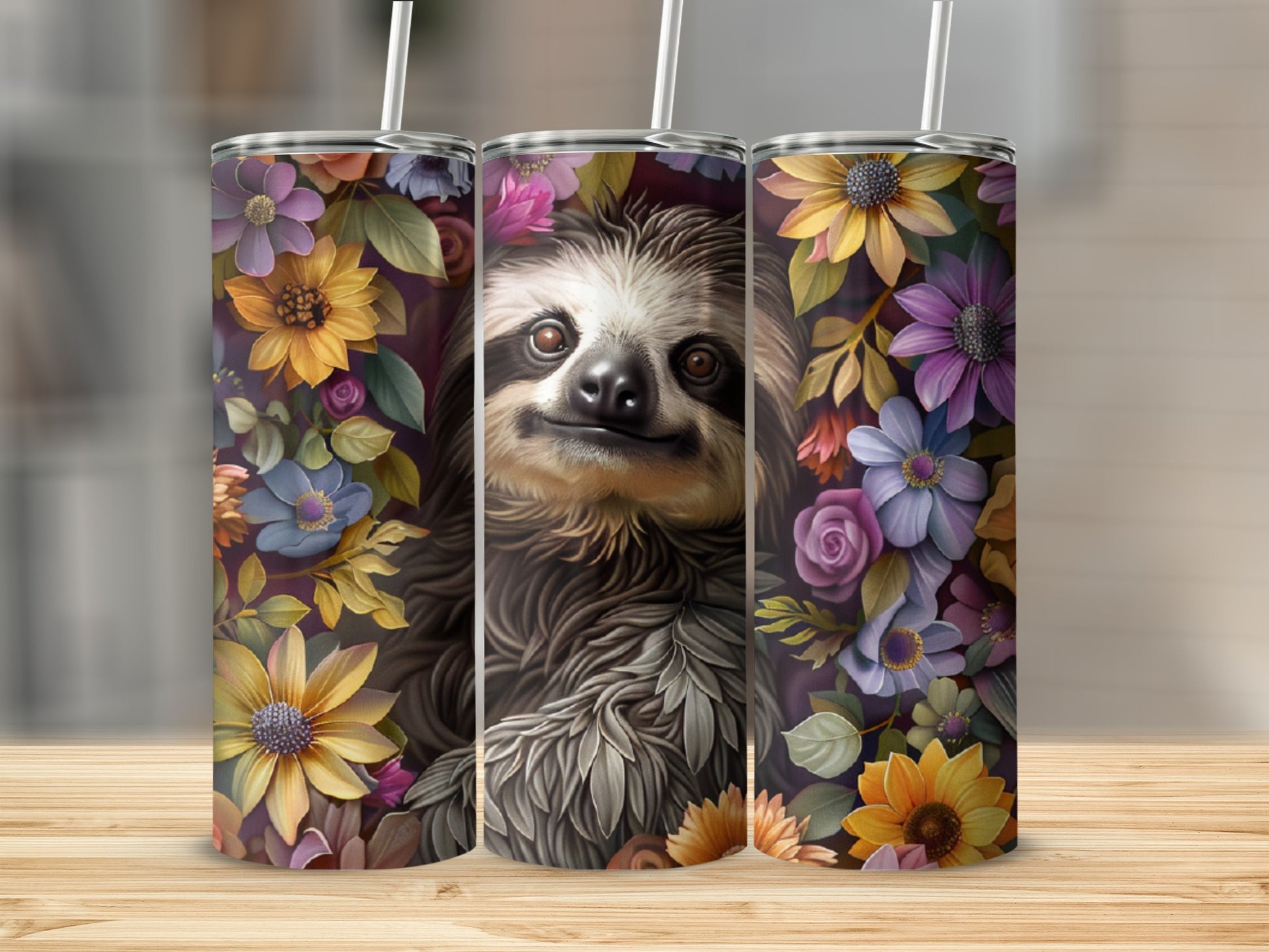 Sloth surrounded by colorful flowers on a tall, skinny tumbler.