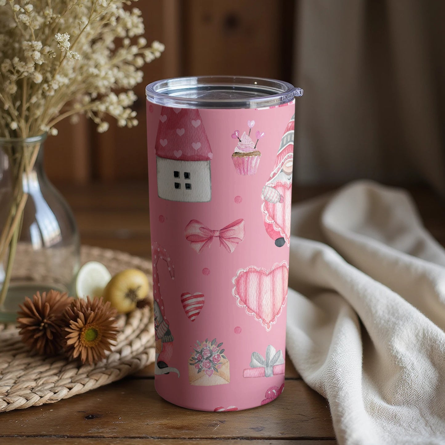 Cute Pink Cupcake and Hearts Themed Tumbler