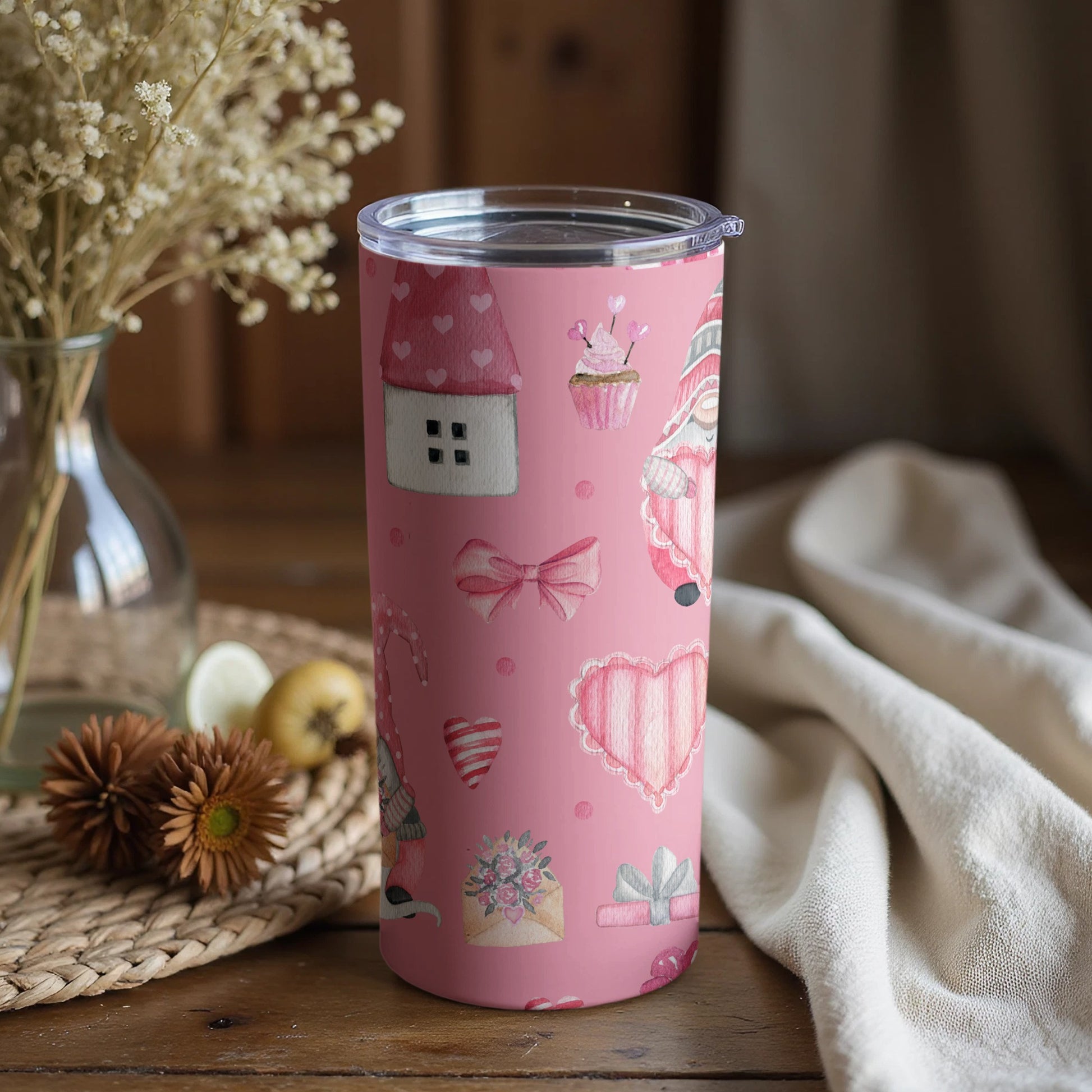 Cute Pink Cupcake and Hearts Themed Tumbler