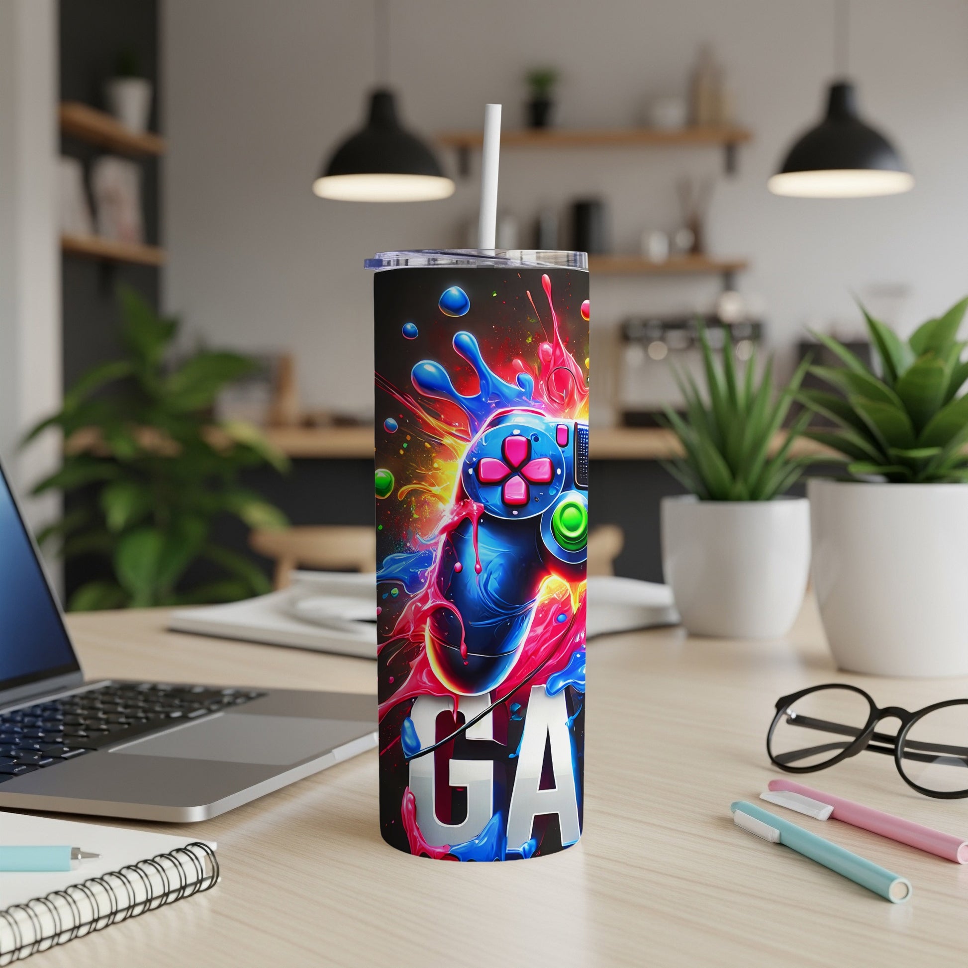 Gamer tumbler with a colorful controller design and "GA" text.
