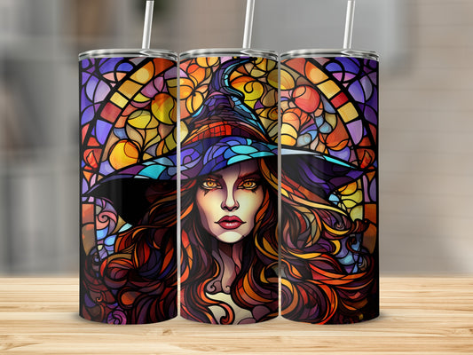 Witch with flowing hair and stained glass hat, three tumblers.