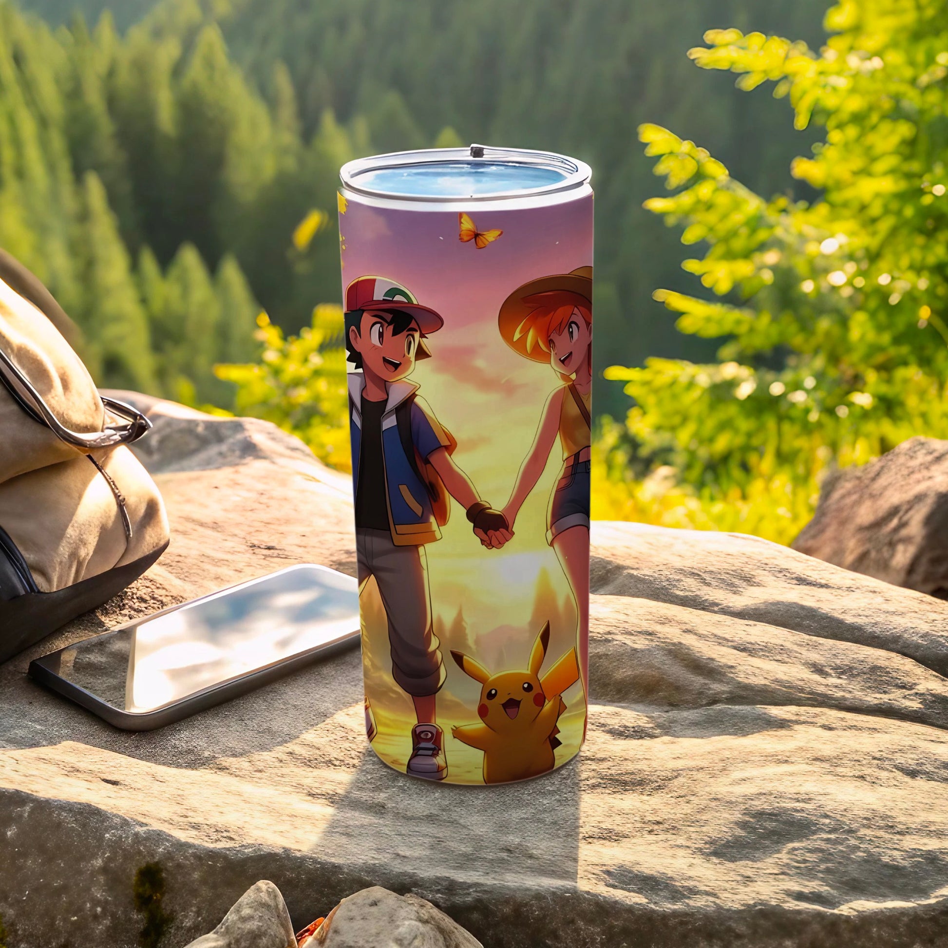 Ash and Misty Sunset Walk Tumbler with Pikachu