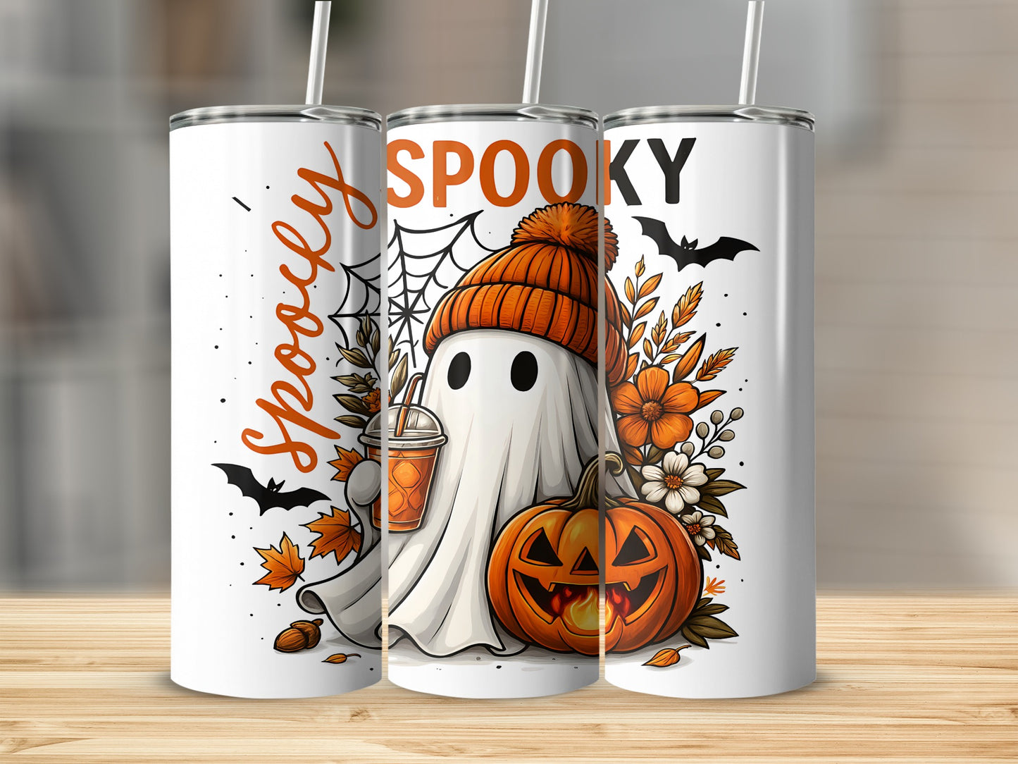 Spooky Halloween ghost with pumpkin, drink, bats, leaves, and flowers on tumblers.