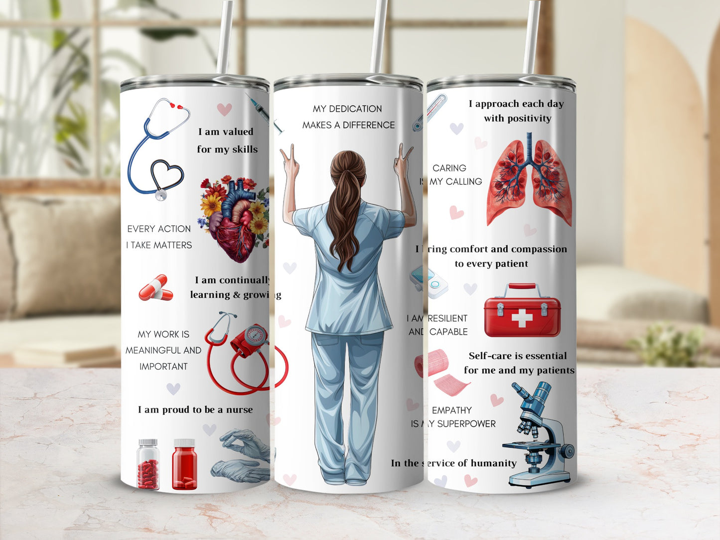 Nurse in scrubs with medical illustrations and motivational quotes about nursing.