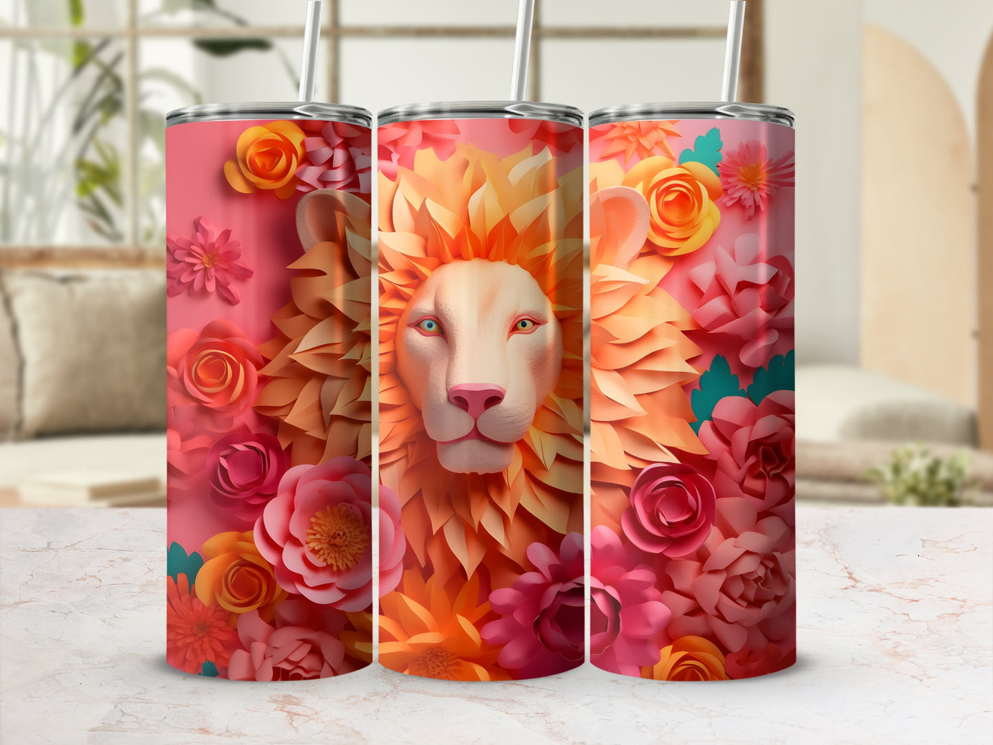 Lion face surrounded by colorful floral and leaf patterns on a tumbler.