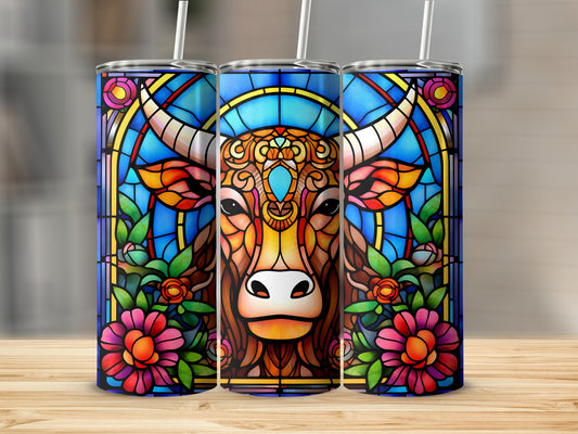 Three tumblers with stained glass bull and floral designs.