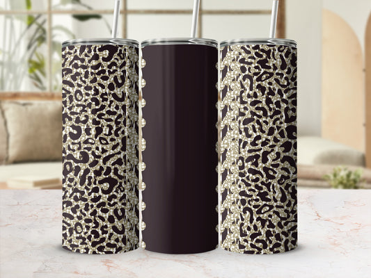 Dark brown tumbler with leopard print pattern and white pearls.